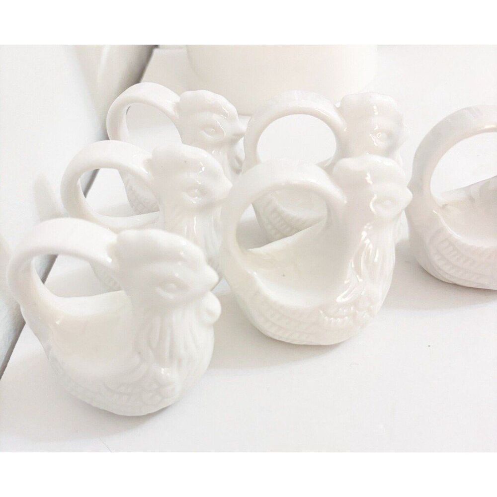Vintage Chicken Napkin Rings White Set Of 6